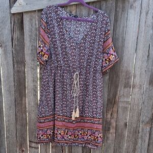 SHEIN Purple Floral Dress with Tassel Tie